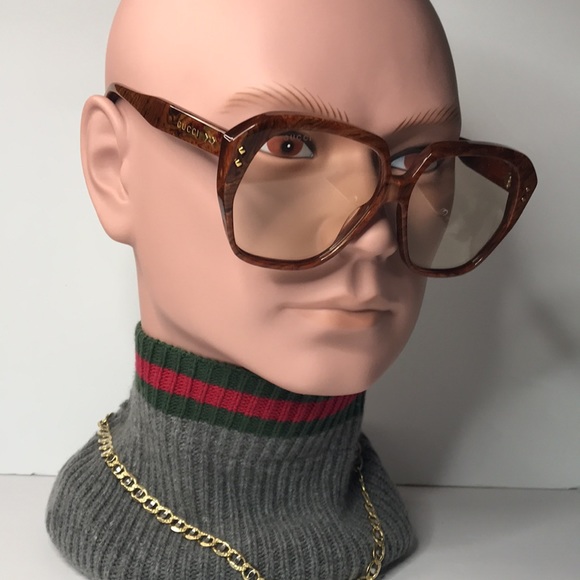 AuthGUCCI GG1249S 001 square sunglass dark wood brown frame light yellow lenses. - Picture 1 of 15